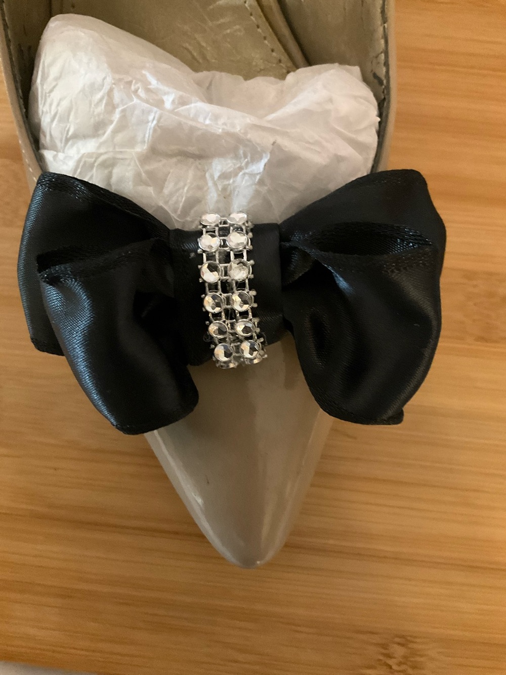 Hand Crafted Black Satin Bow Shoe Clip with Crystal Band